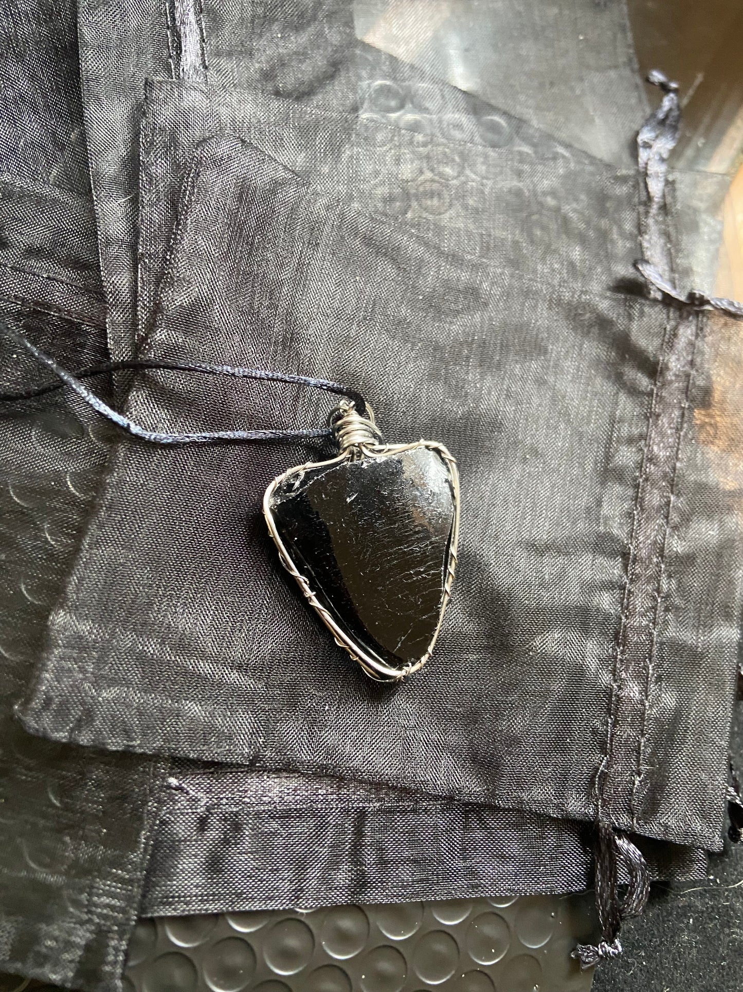 Black Obsidian In Silver Wire Necklace
