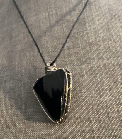 Black Obsidian In Silver Wire Necklace
