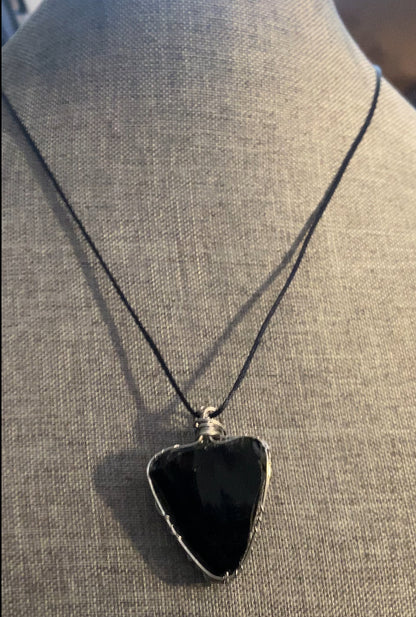Black Obsidian In Silver Wire Necklace