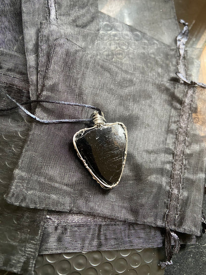 Black Obsidian In Silver Wire Necklace