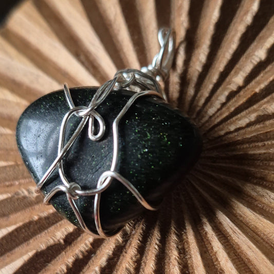 Goldstone (Green) In Silver Wire