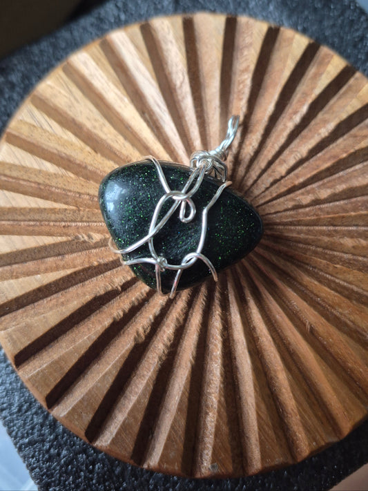 Goldstone (Green) In Silver Wire