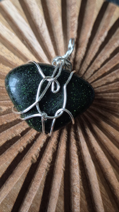 Goldstone (Green) In Silver Wire